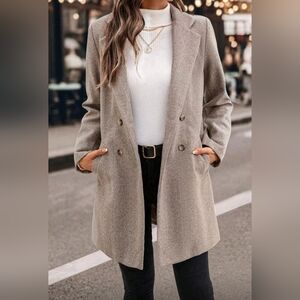 New Chic Herringbone Double Breasted Jacket Blazer Tan